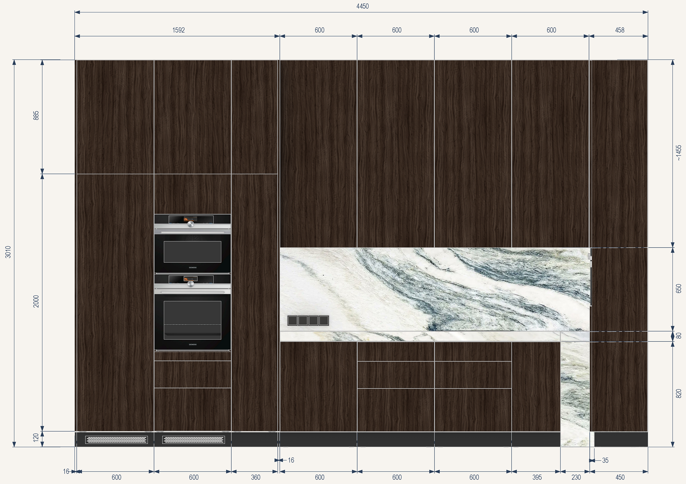 Технический чертёж кухонной мебели с размерами и каменной рабочей поверхностью