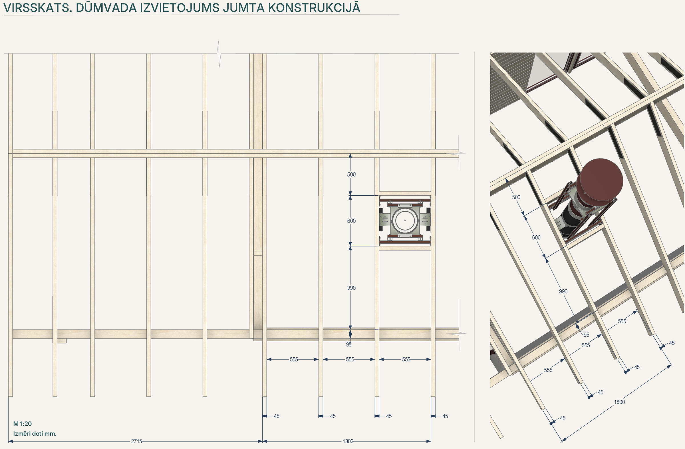 Izolēta metāla dūmvada izvietojums jumta koka konstrukcijā virsskatā ar galvenajiem piesaistes izmēriem