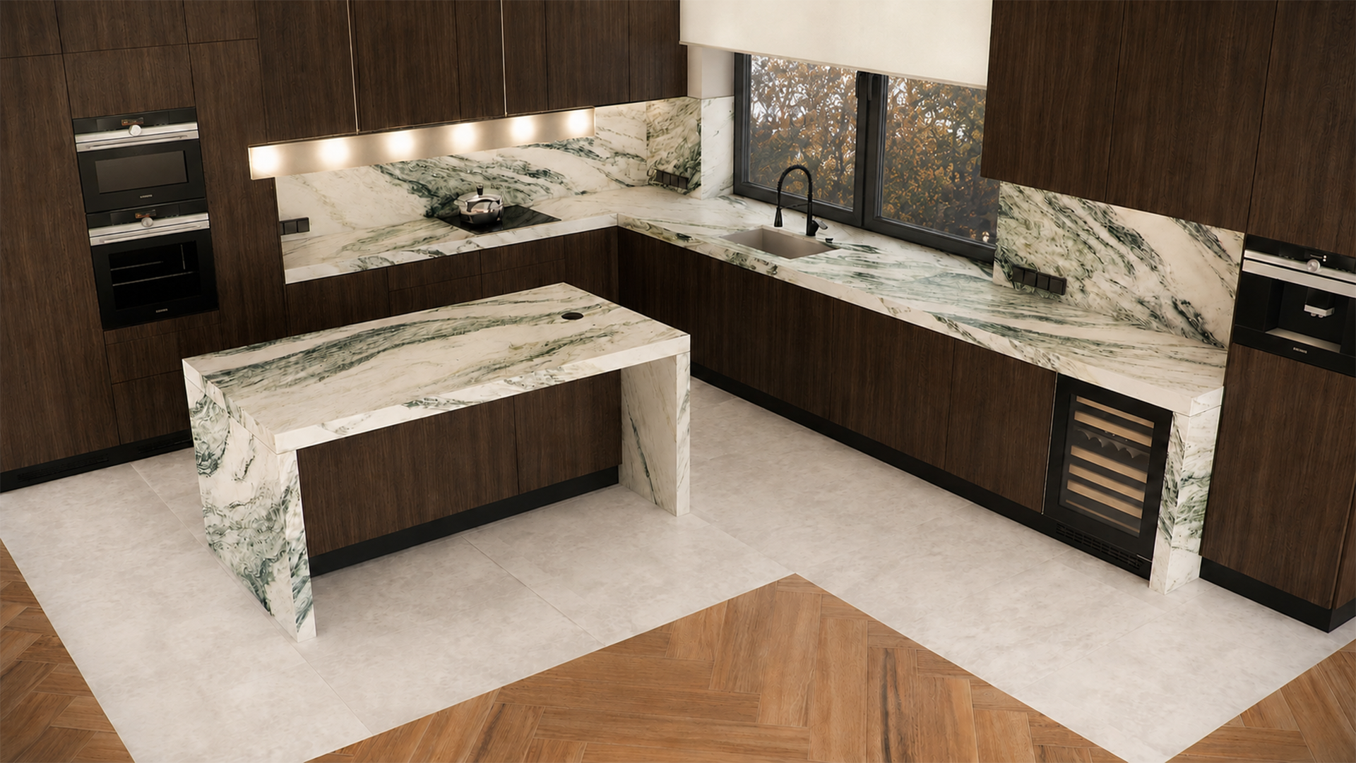 3D-визуализация кухонной мебели с фасадами из тёмного дерева, каменными рабочими поверхностями и островом