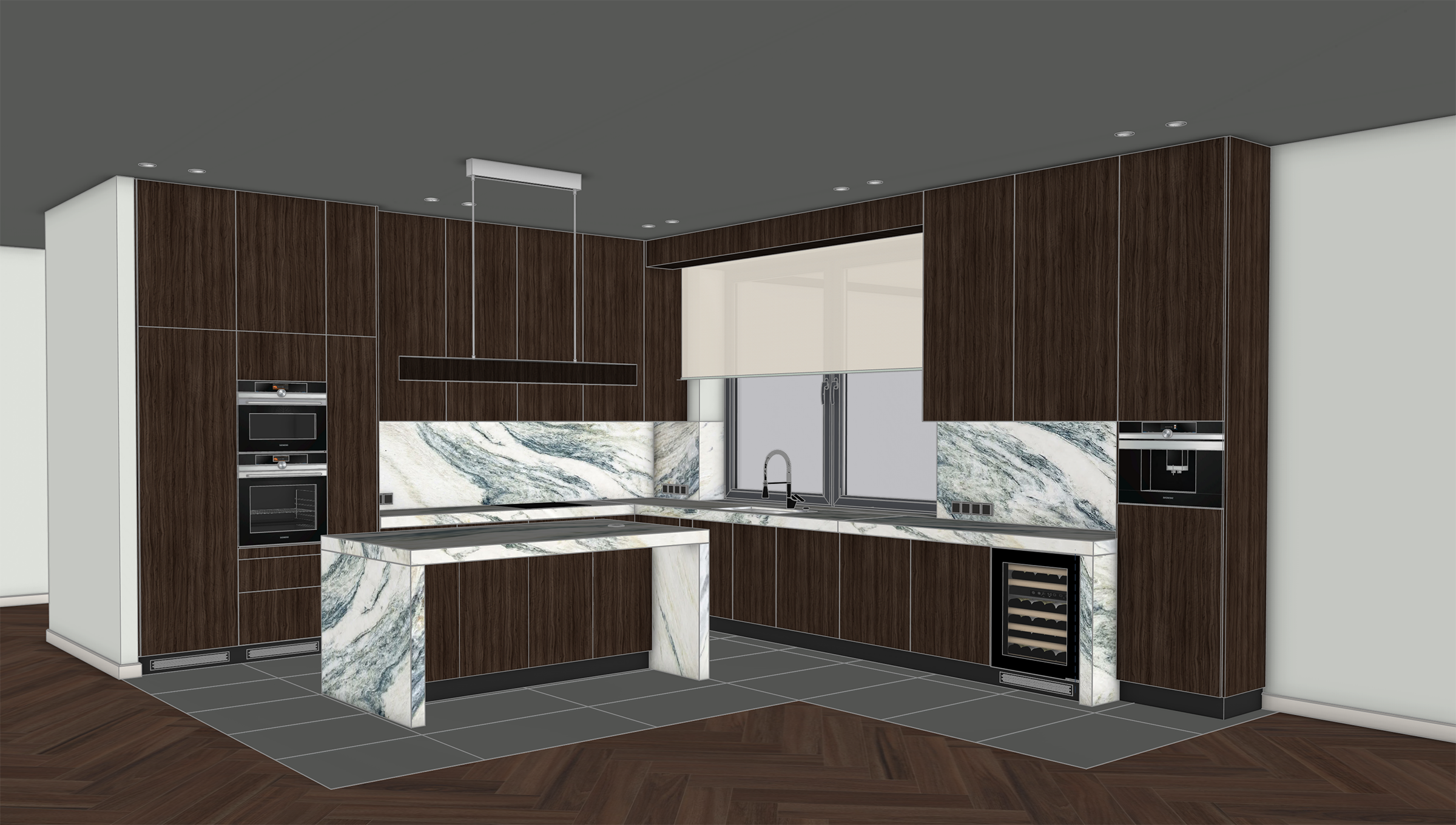 3D-вид расположения кухонной мебели и оборудования с рабочими поверхностями и отделочными материалами